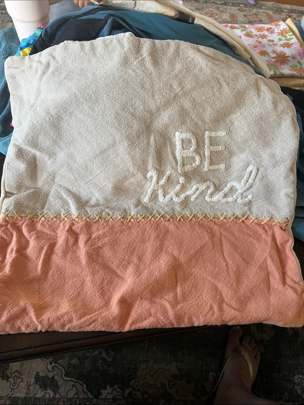 Sonoma Two-Tone 'BE Kind' Embroidered Throw Pillow Cover - Cream & Coral